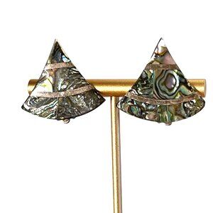 Vintage 80’s Alpaca Mexico Abalone Triangle Shape Silver Tone Clip Earrings